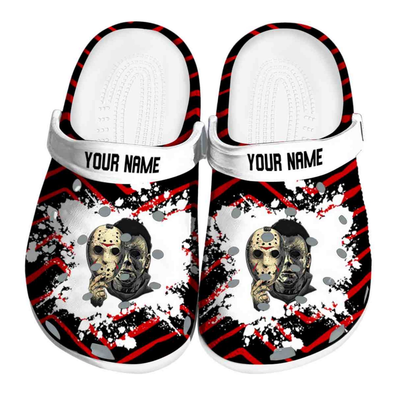Custom Name Jason Voorhees Zigzag Paint Burst Clogs For Kids & Adults
