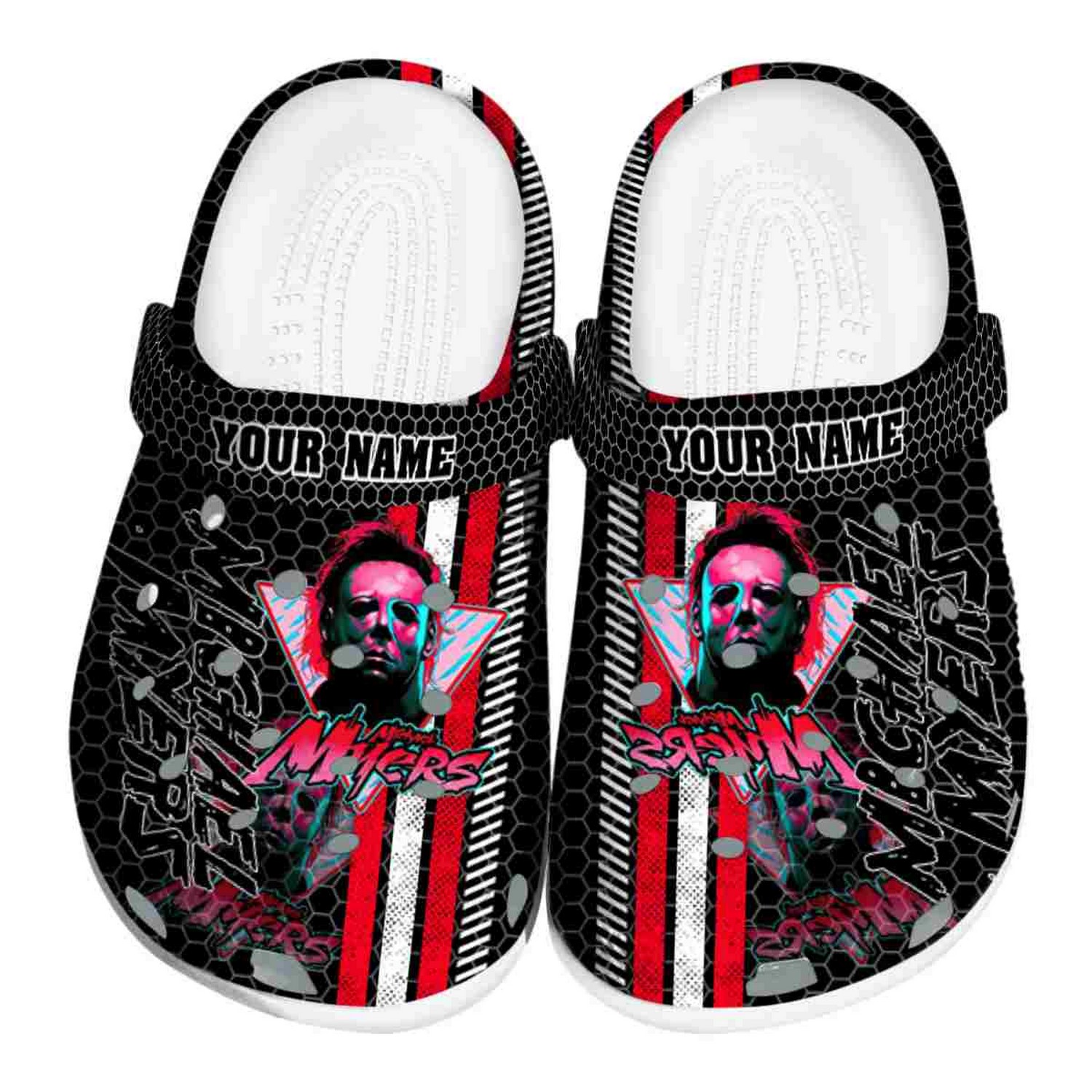 Custom Name Michael Myers Contrasting Stripes Clogs For Kids & Adults