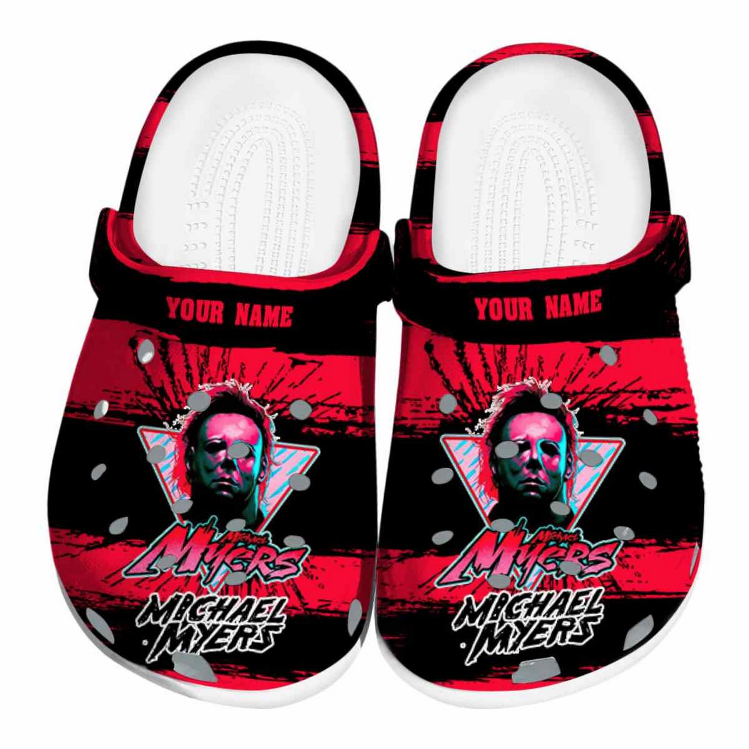 Custom Name Michael Myers Paint Splatter Graphics Clogs For Kids & Adults
