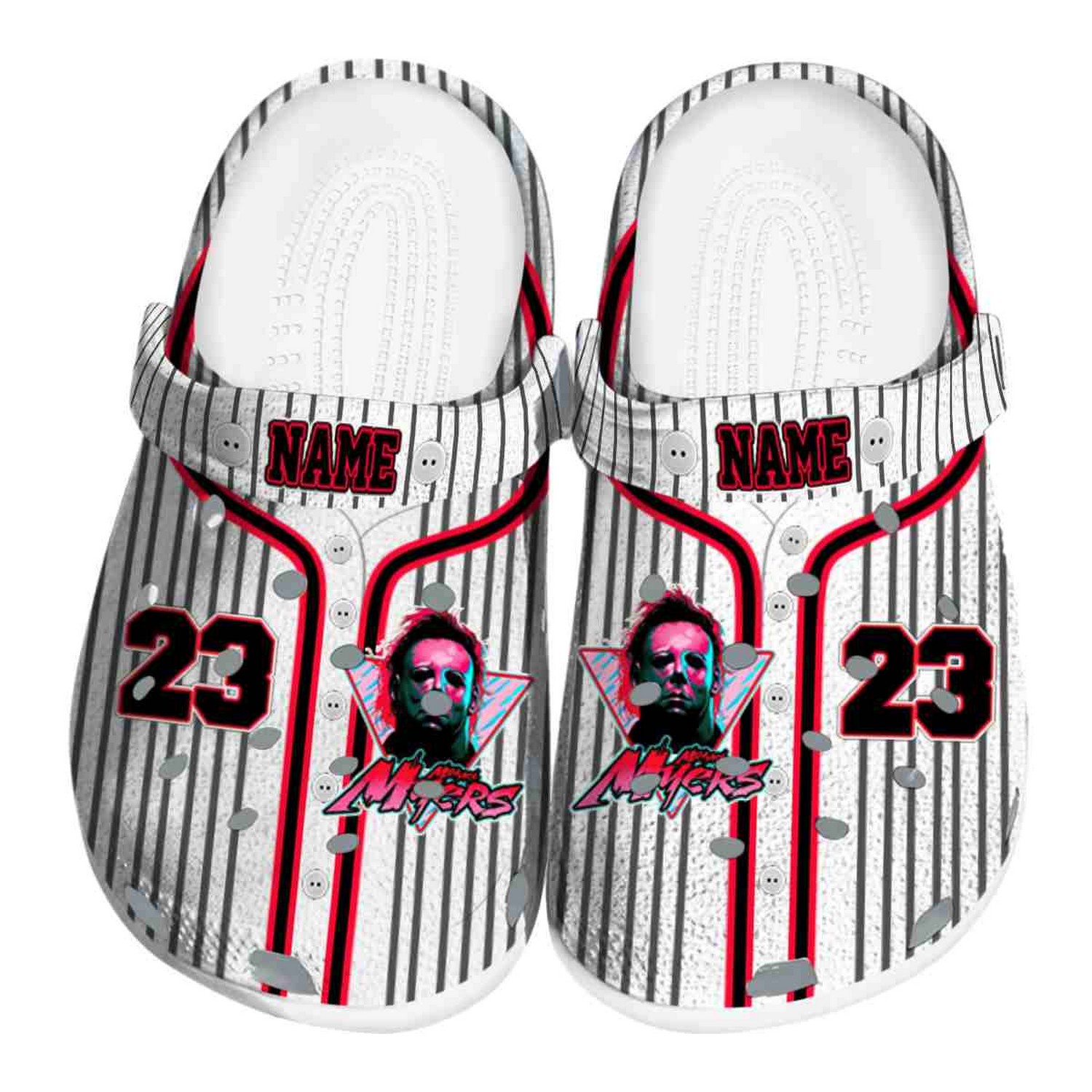 Custom Name Michael Myers Pinstripe Pattern Clogs For Kids & Adults