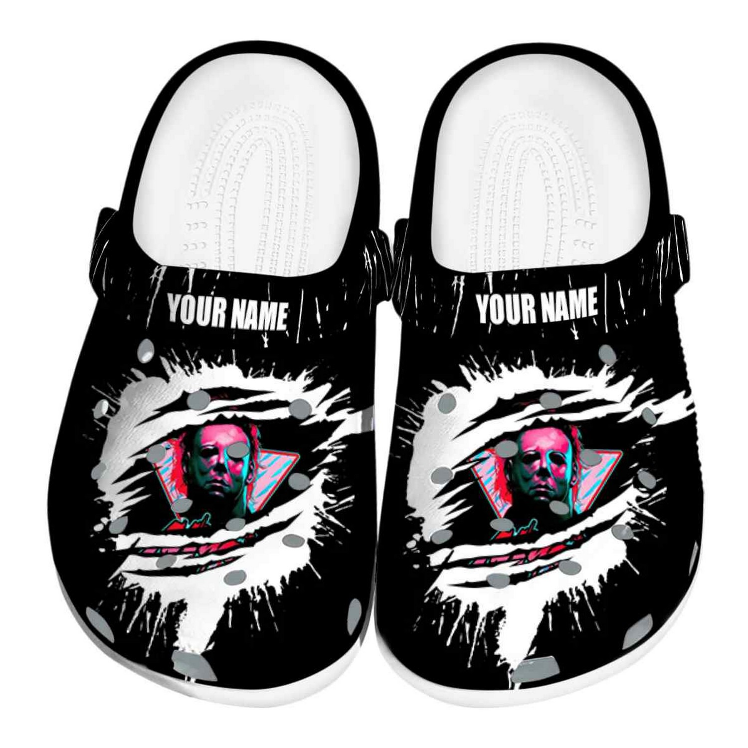 Custom Name Michael Myers Splash Motif Background Clogs For Kids And Adults