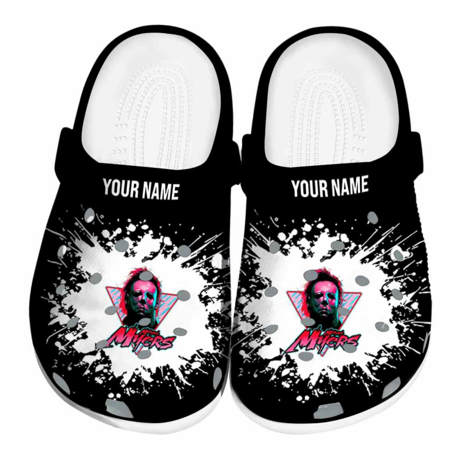 Custom Name Michael Myers Splatter Background Clogs For Kids And Adults