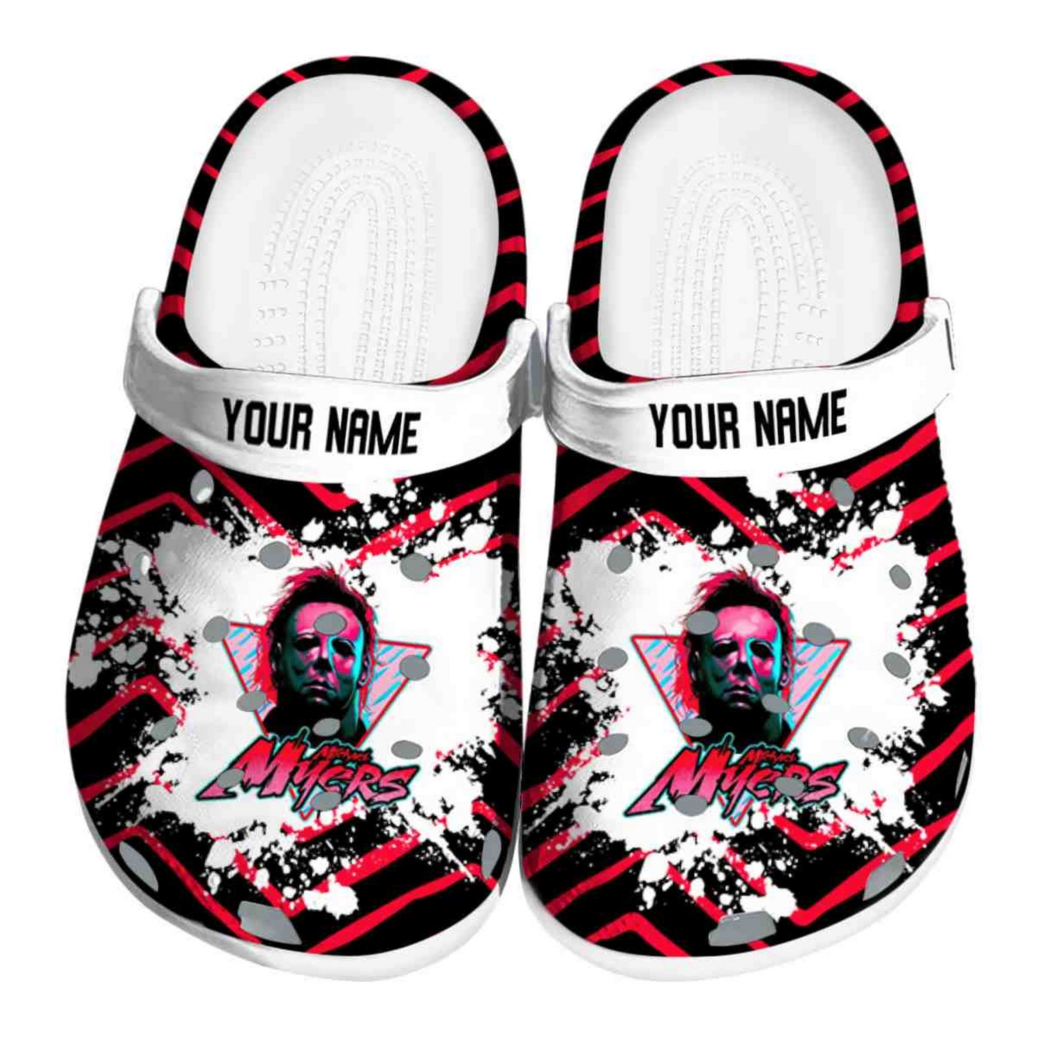 Custom Name Michael Myers Zigzag Paint Burst Clogs For Kids & Adults