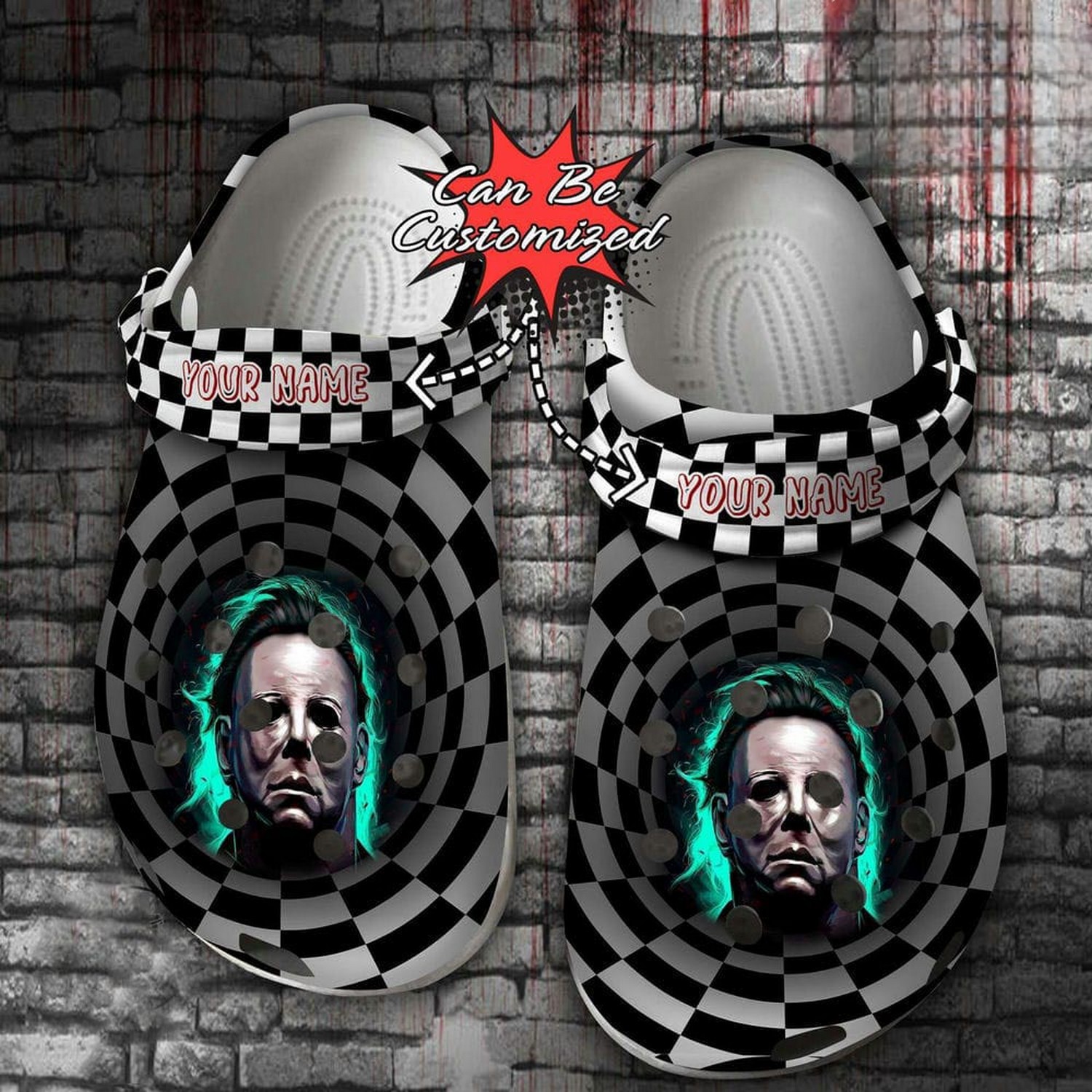 Custom Name Scary Michael Myers Halloween Black White 3d Checkered Clogs For Kids & Adults