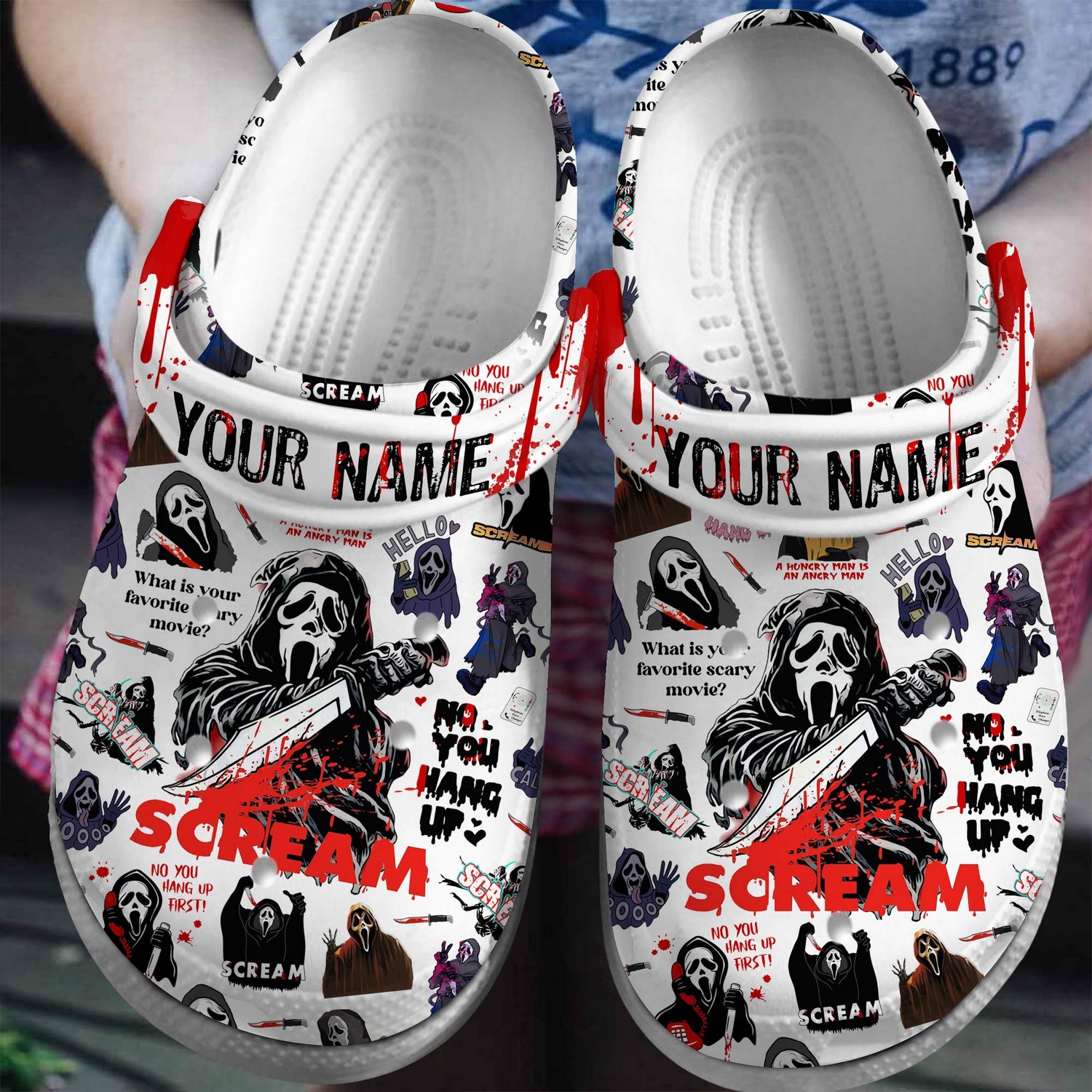 Custom Name Scream Ghost Face Halloween No You Hang Up White Clogs For Kids & Adults
