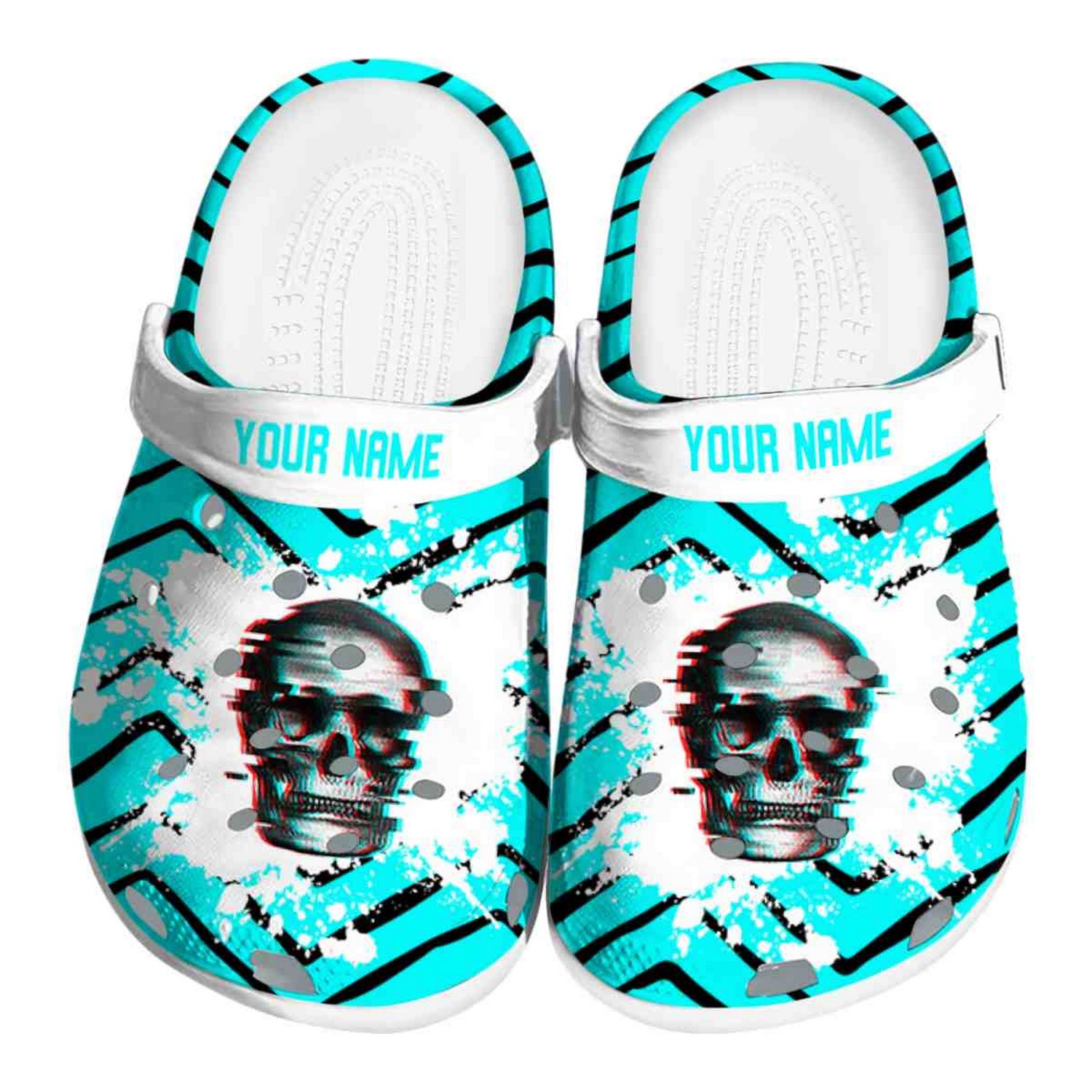 Custom Name Skull Zigzag Paint Burst Clogs For Kids & Adults