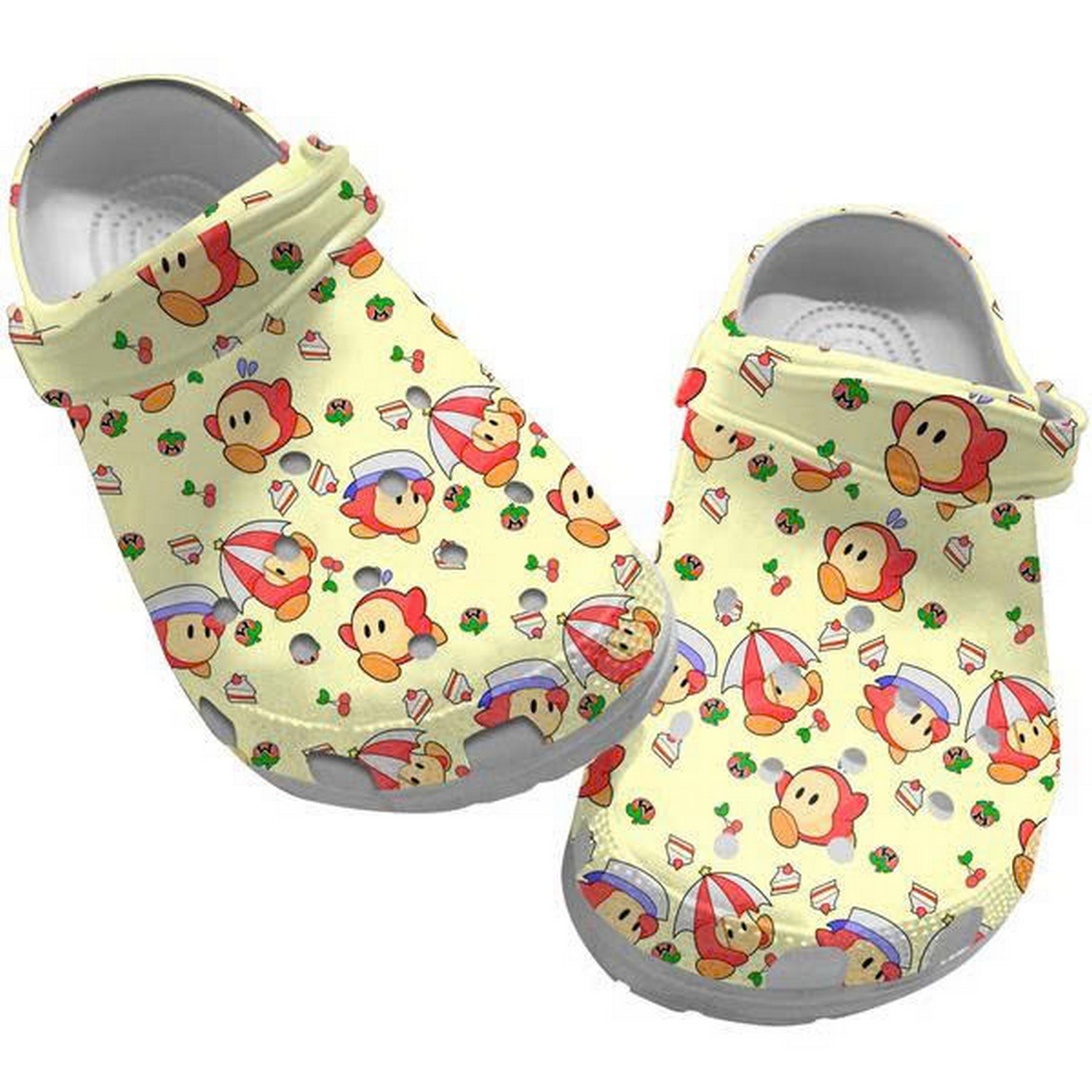 Cute Kirby Cake And Fruits Pattern Light Yellow Clogs For Kids And Adults