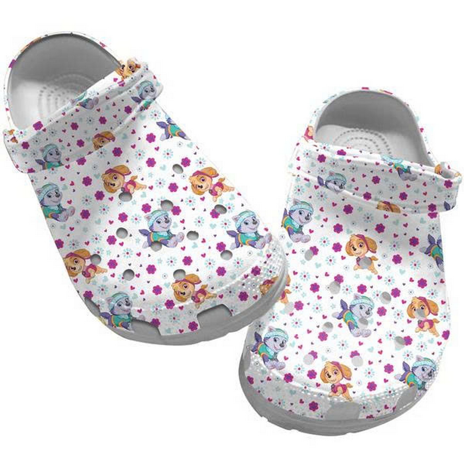 Cute Skye And Everest Tiny Pattern Paw Patrol White Clogs For Kids & Adults