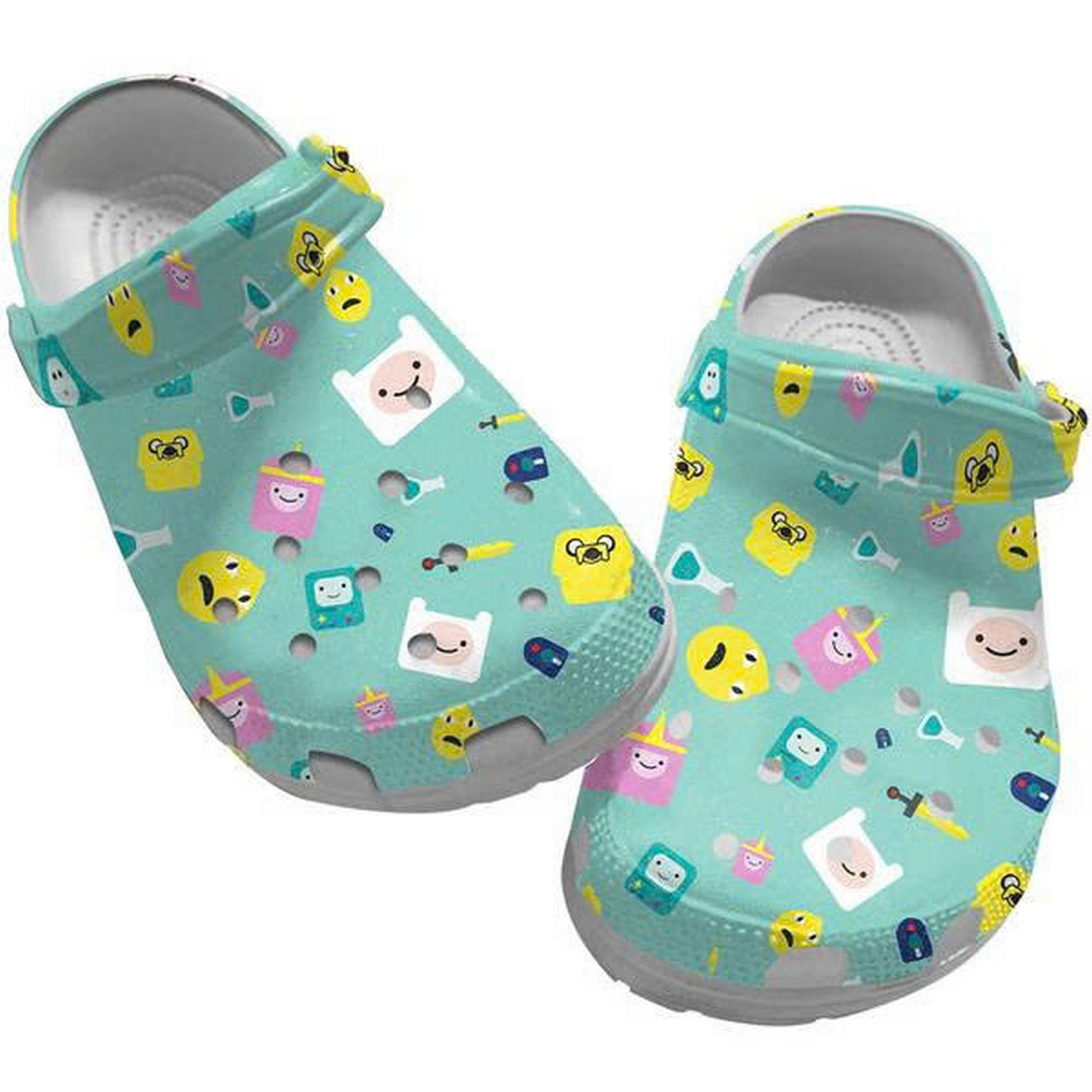 Adventure Time Funny Face Characters Pattern Dark Mint Clogs For Kids And Adults