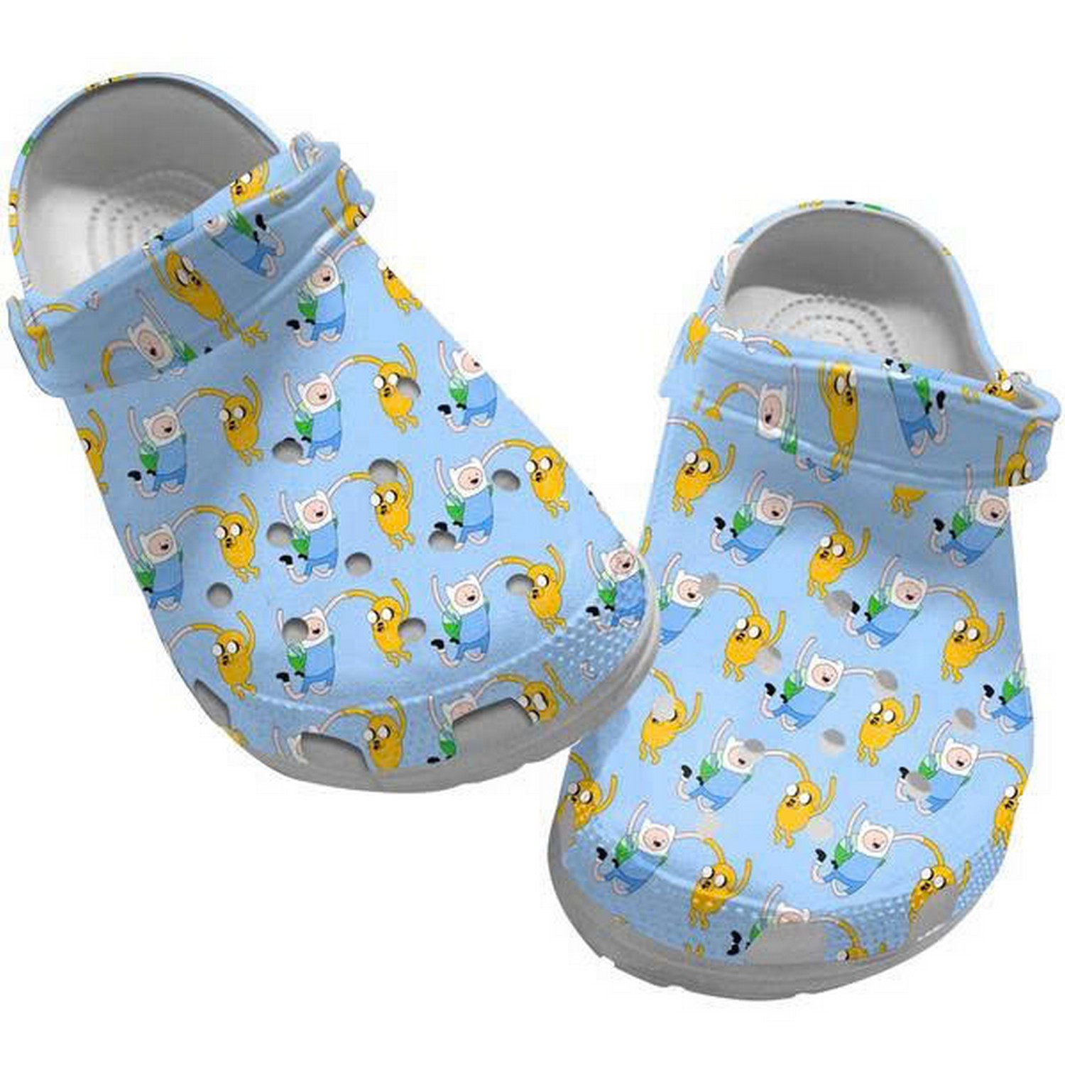 Adventure Time Funny Finn And Jake Pattern Light Blue Clogs For Kids & Adults