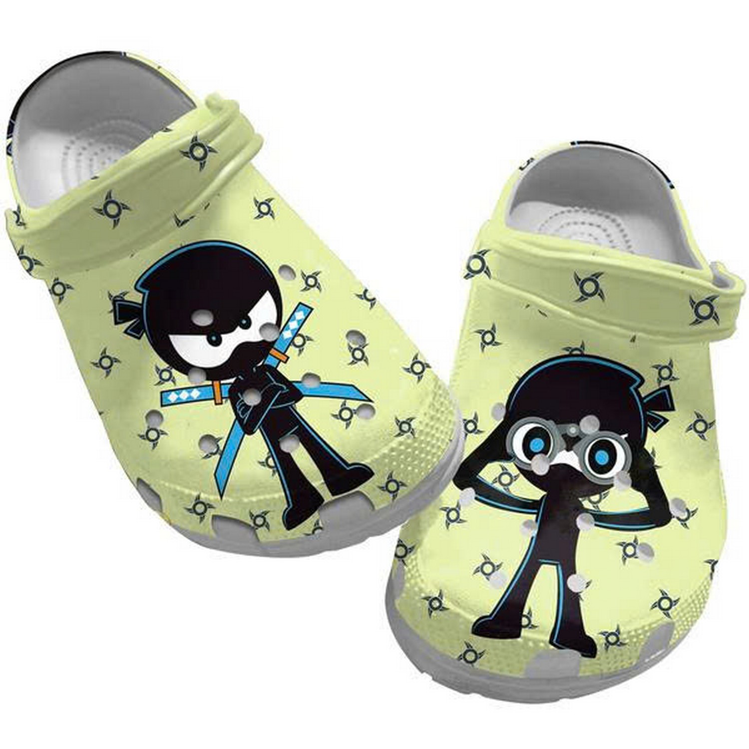 Blue Ninja Kidz And Shuriken Pattern Green Clogs For Kids And Adults