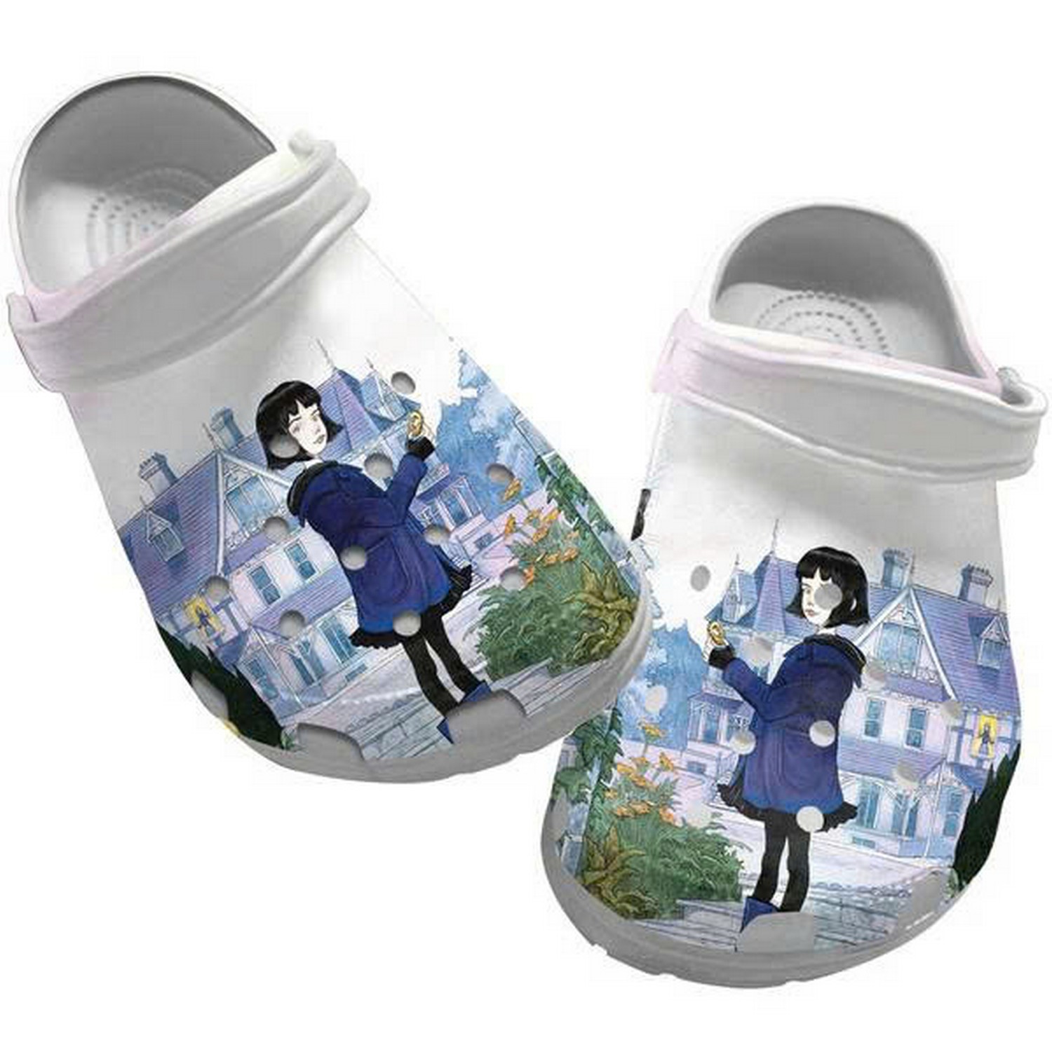Coraline On The City In Autumn White Clogs For Kids & Adults