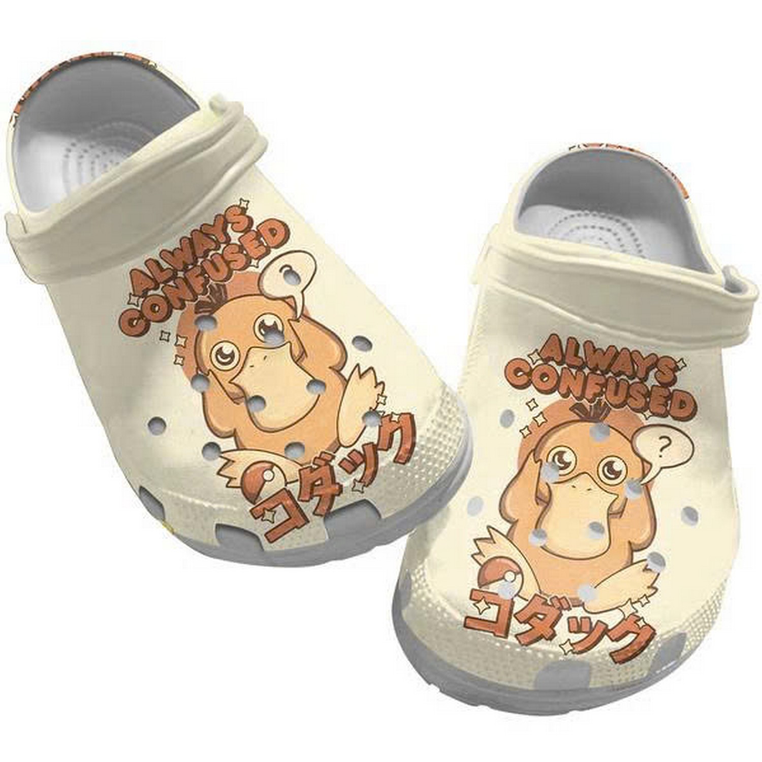 Cute Psyduck Pokemon Always Confuseo Beige Clogs For Kids & Adults
