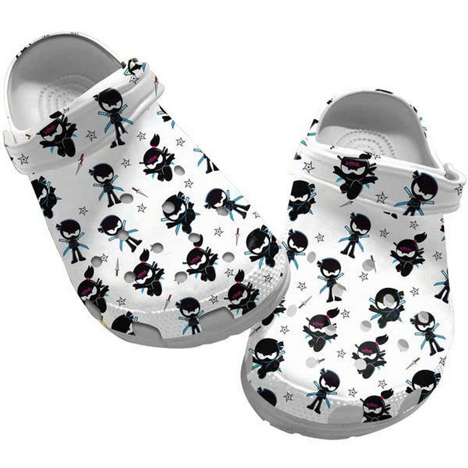 Pink And Blue Ninja Kidz Black Shadow Pattern White Clogs For Kids & Adults