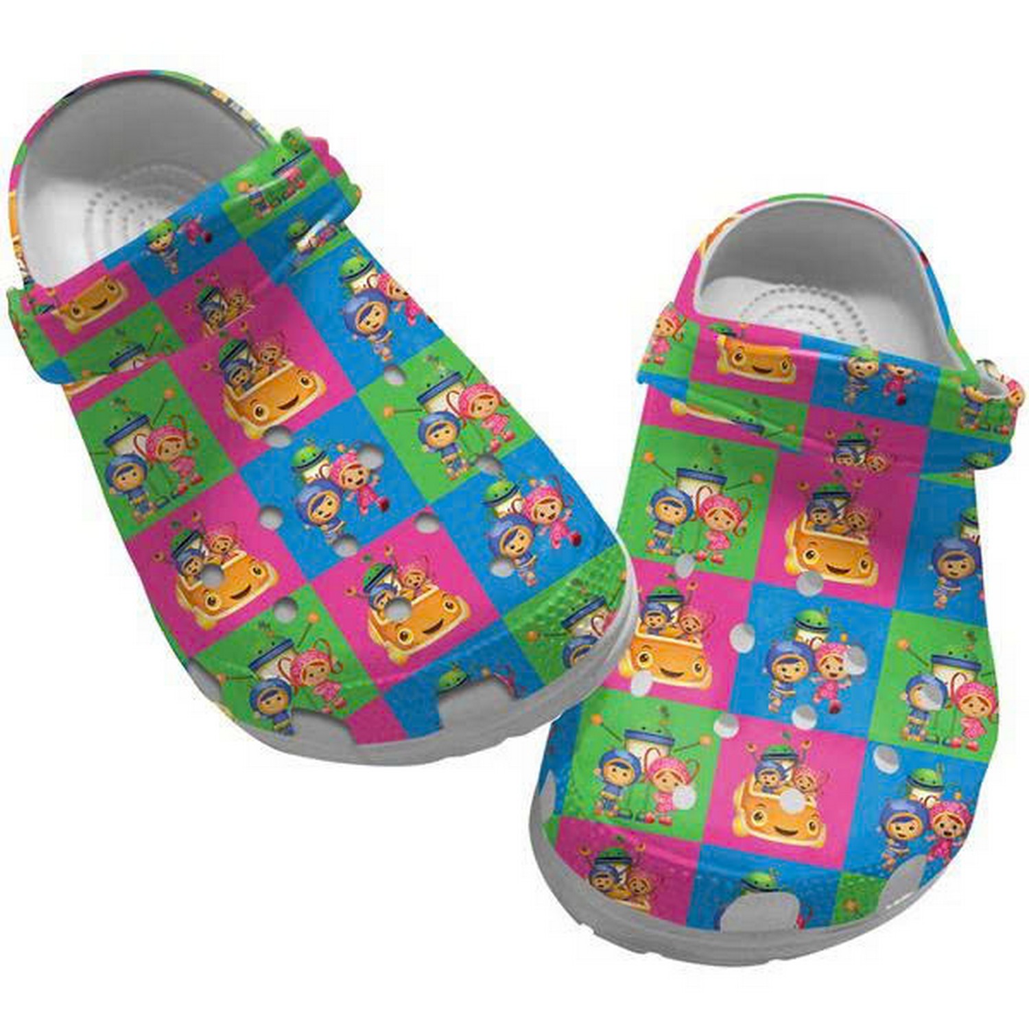Team Umizoomi Milli And Friends In Colorful Checkered Pattern Clogs For Kids & Adults
