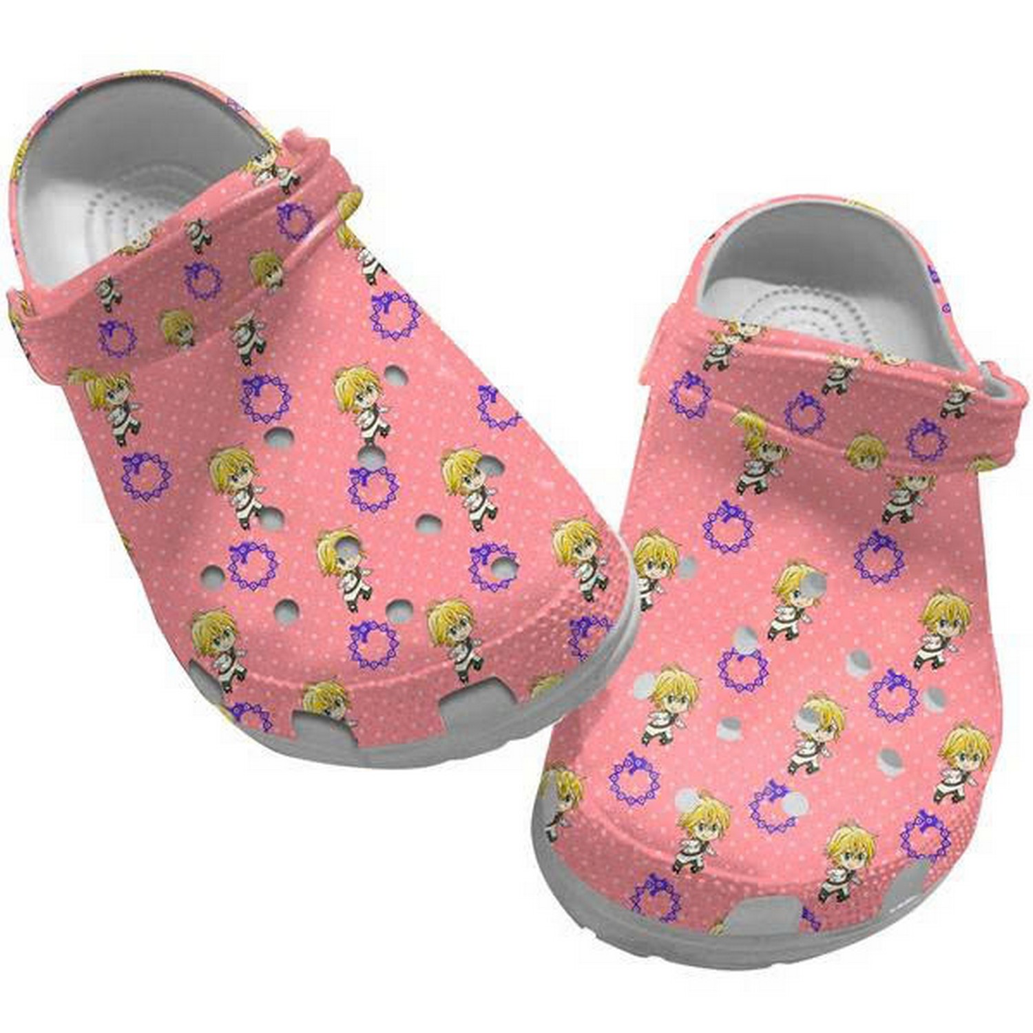 The Seven Deadly Sins Cute Meliondas Pattern Pink With Polka Dots Clogs For Kids & Adults