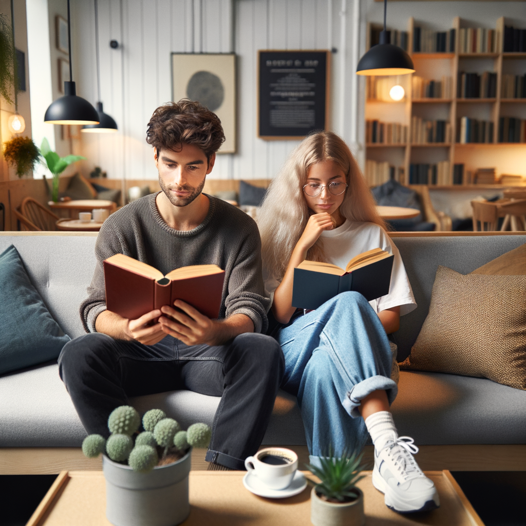 two friends reading books on a couch at a scandinavian coffee shop