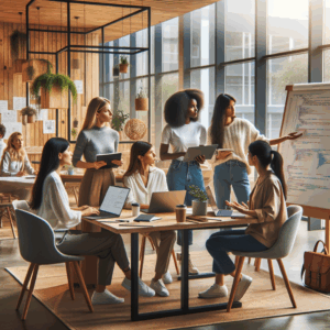 artificial intelligence female prompt engineering team in a nordic office