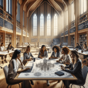Algorithm Engineering female team in a nordic college large study hall
