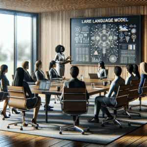 Large Language Model Engineer women team in a nordic conference room with a black female leader behind a podium presenting to her team