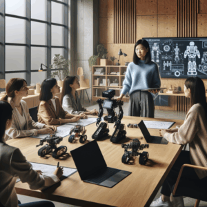 robotics engineer female team with an asian female leader in a nordic conference room