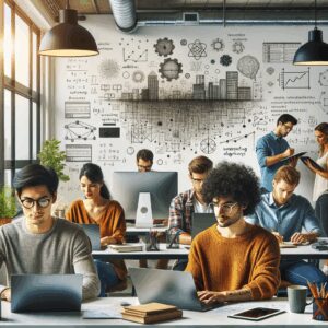 A contemporary, open-plan office space featuring young professionals working collaboratively at computers. The workspace is energized with natural light and decorated with a large wall covered in creative sketches, diagrams, and charts, emphasizing a focus on innovation, teamwork, and productivity.