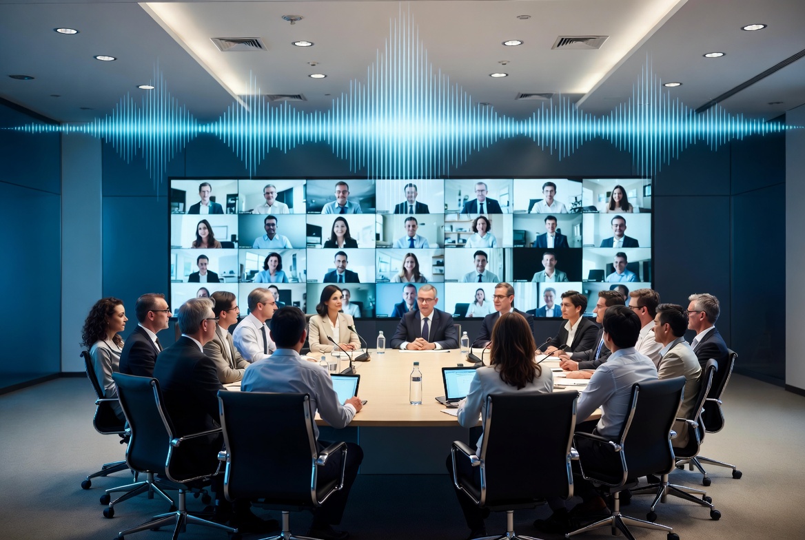 Diverse professional team in a modern hybrid earnings call