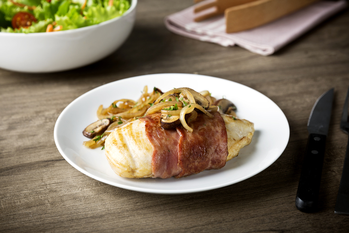 Bacon-Wrapped Chicken with Mushrooms and Onions