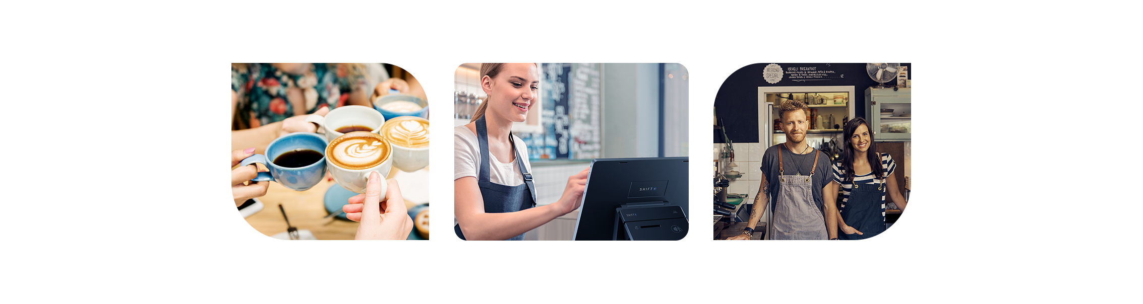 Coffee shop POS system image collage showing various operational procedures