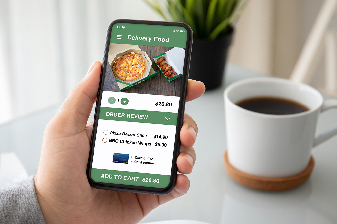 Coffee shop POS system customer placing an online order from their phone
