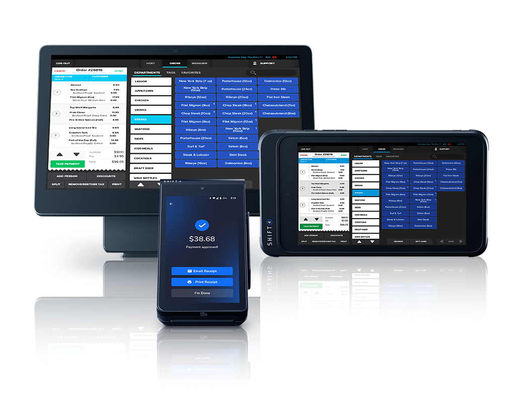 POS features showing SkyTab workstation and mobile devices with user interfaces