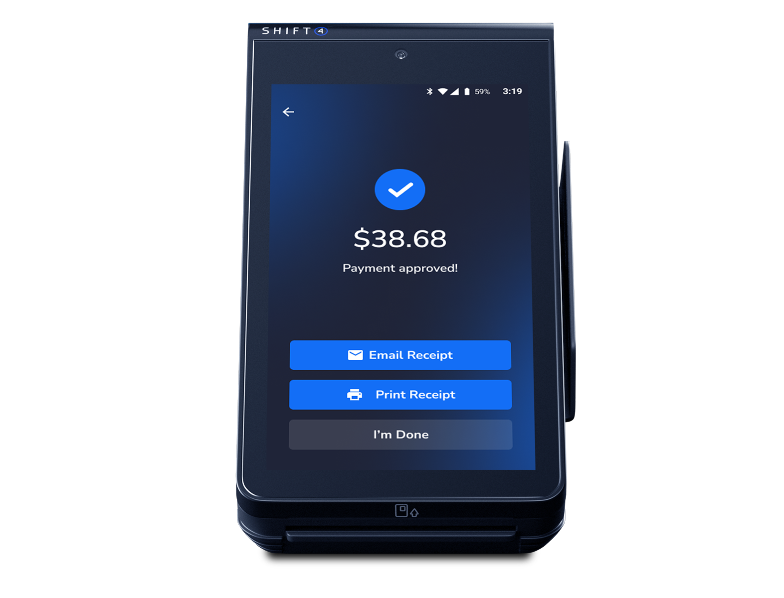 POS features Skytab Mobile device showing payment approved interface