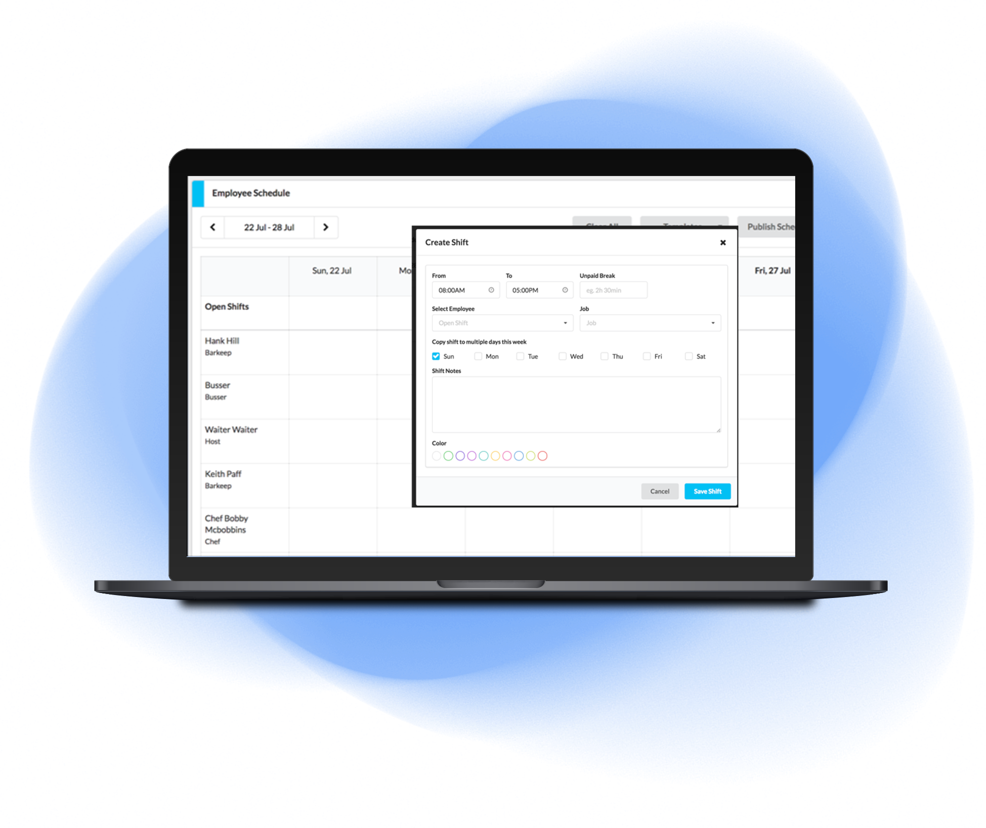 Restaurant labor management in SkyTab back office shown on a laptop