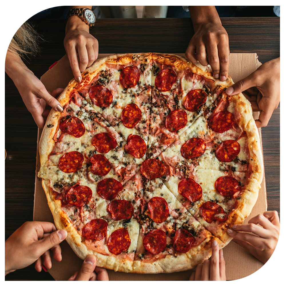 Pizza POS customers taking a slice of a whole pizza
