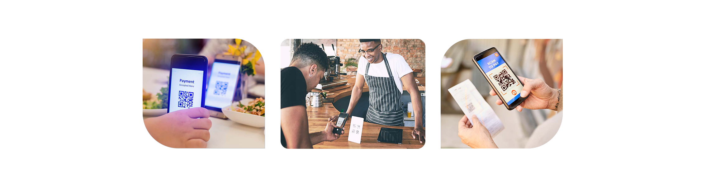 QR code payment system image collage of customers using QR codes to order and pay