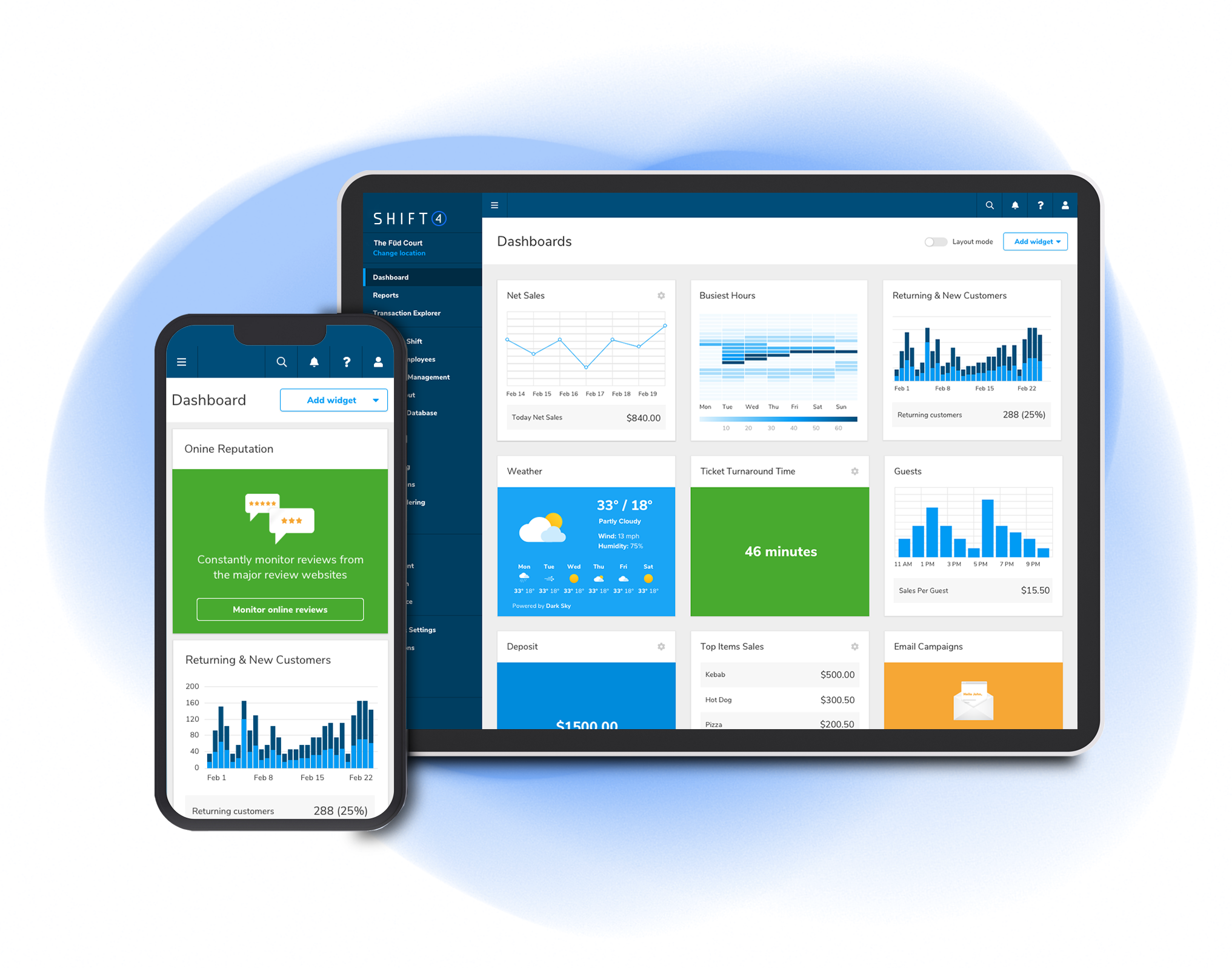 Restaurant analytics POS reports in SkyTab back office shown on a tablet and phone