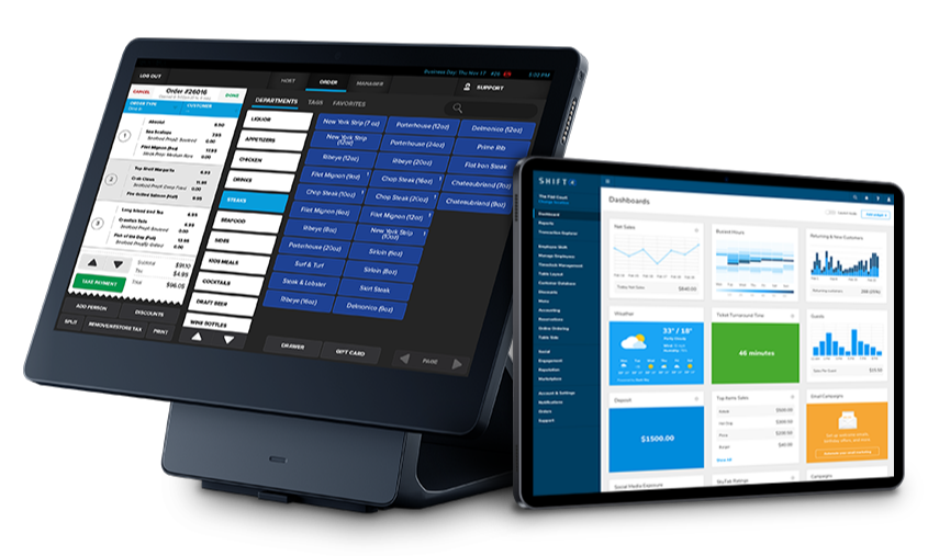 Restaurant POS system SkyTab workstation and back office user interfaces