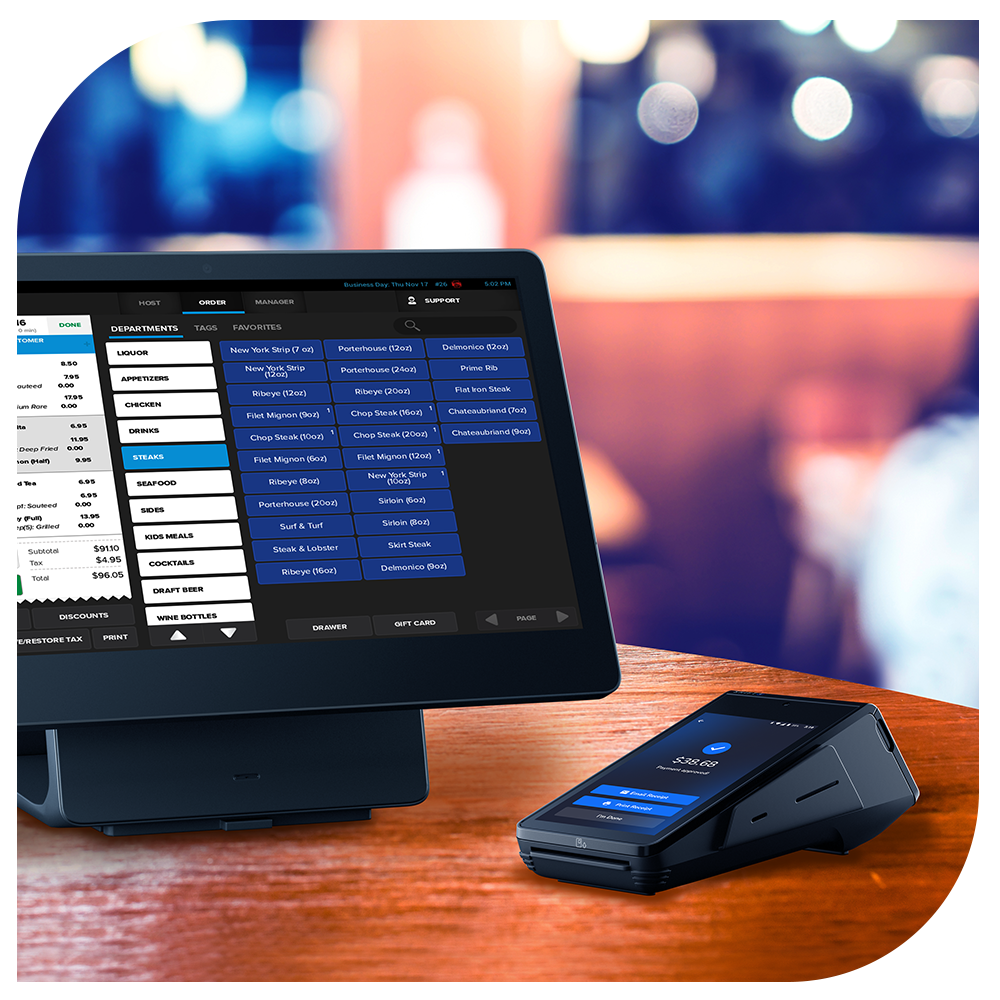 Table service POS full-service POS SkyTab workstation and mobile device on bar top