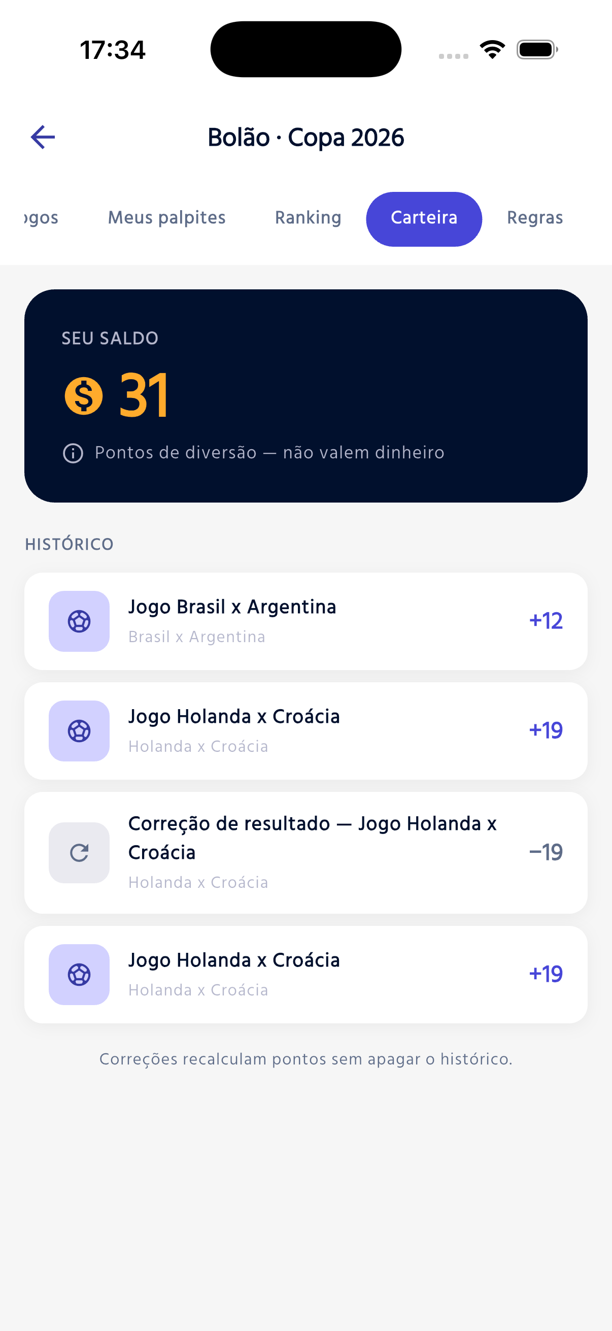 Carteira — saldo e histórico de pontos.
