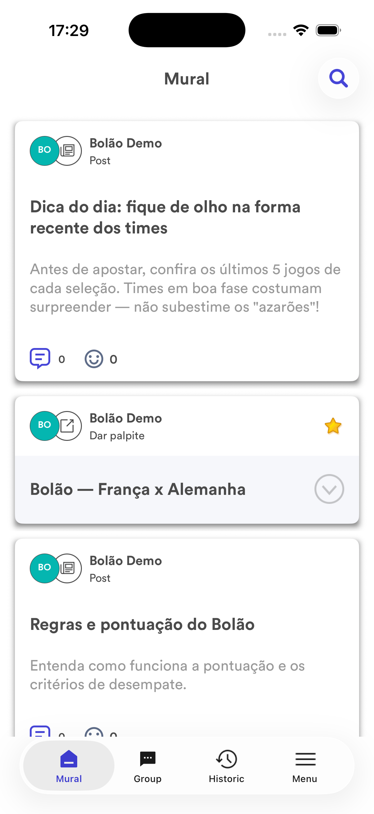 Mural (app) — os jogos aparecem como cards de Dar palpite.