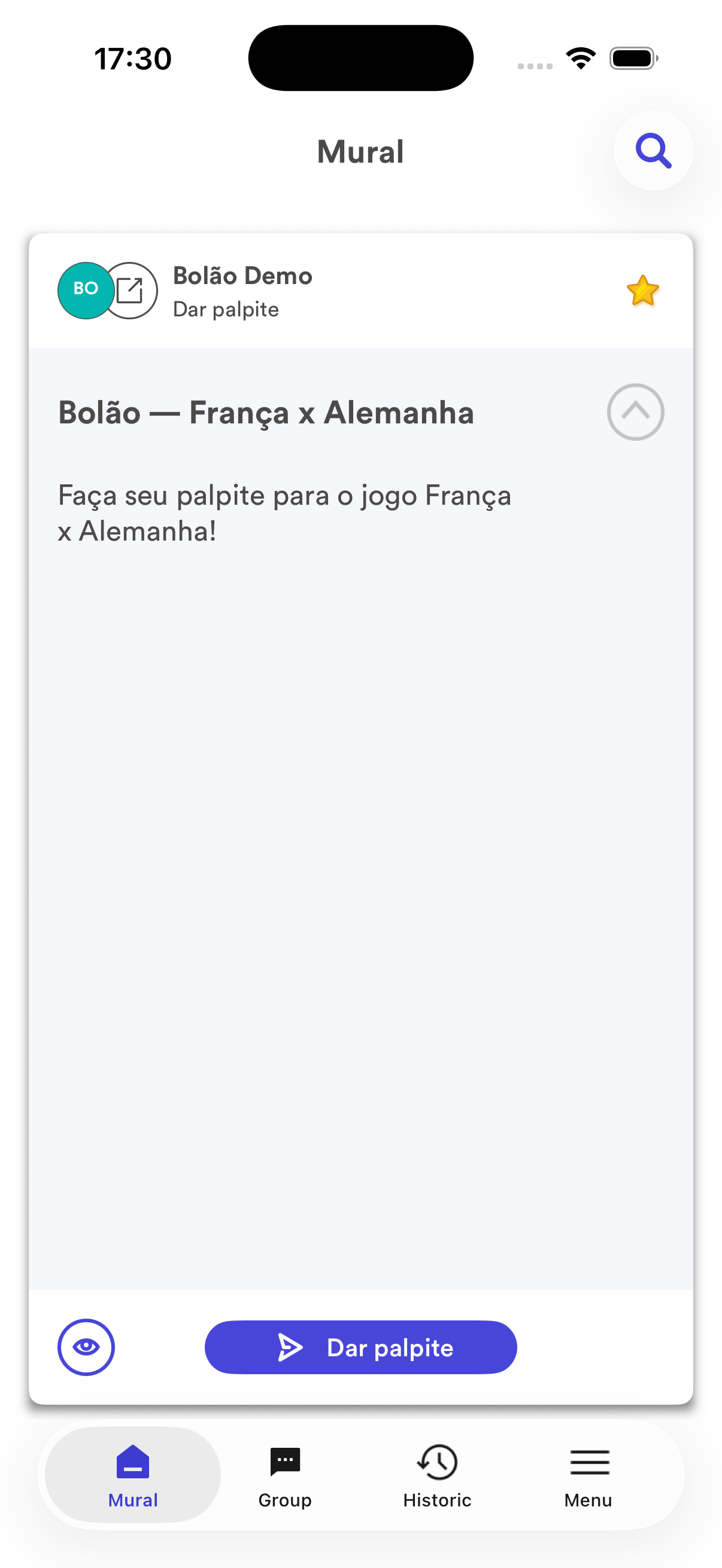 Card expandido — toque em Dar palpite para abrir a tela do jogo.