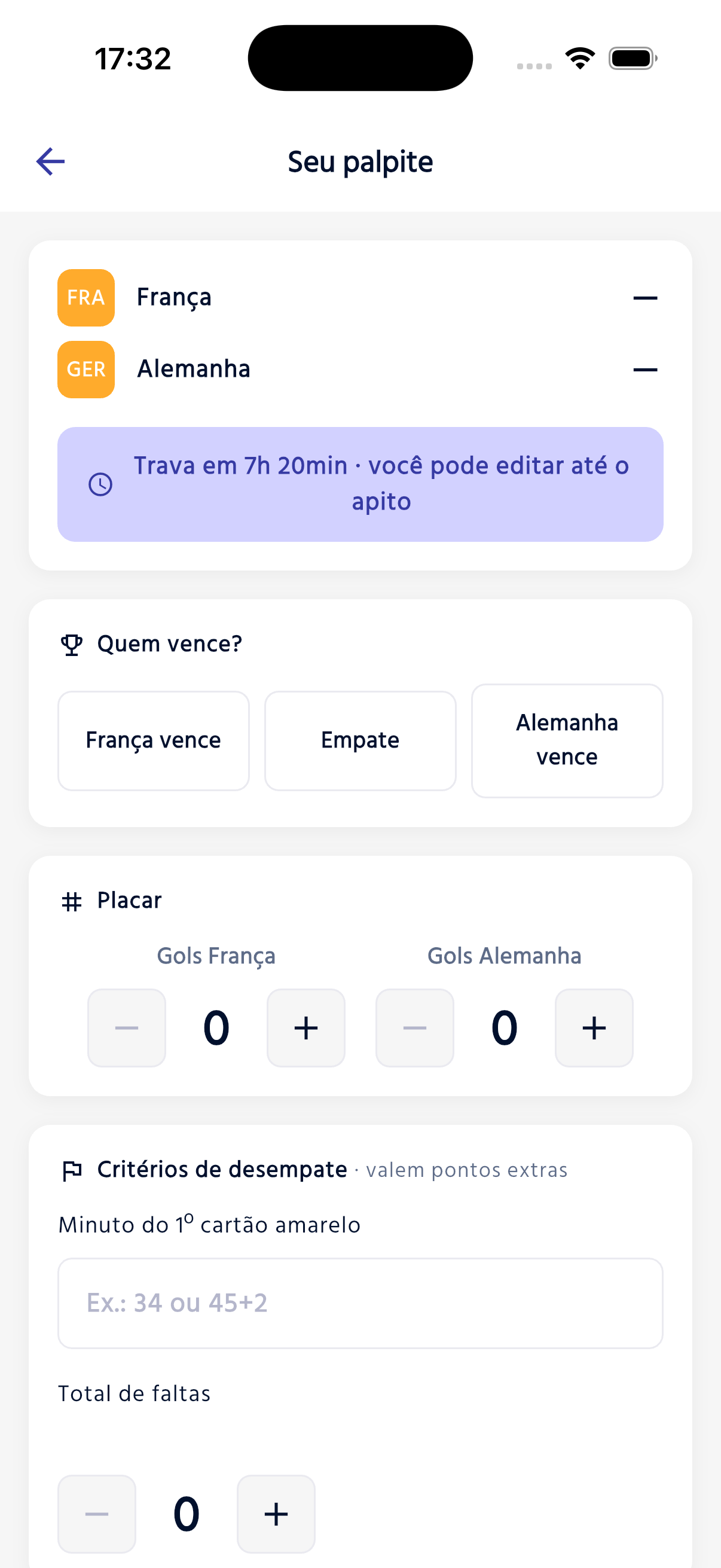 Dar um palpite (app) — vencedor, placar e desempates opcionais.