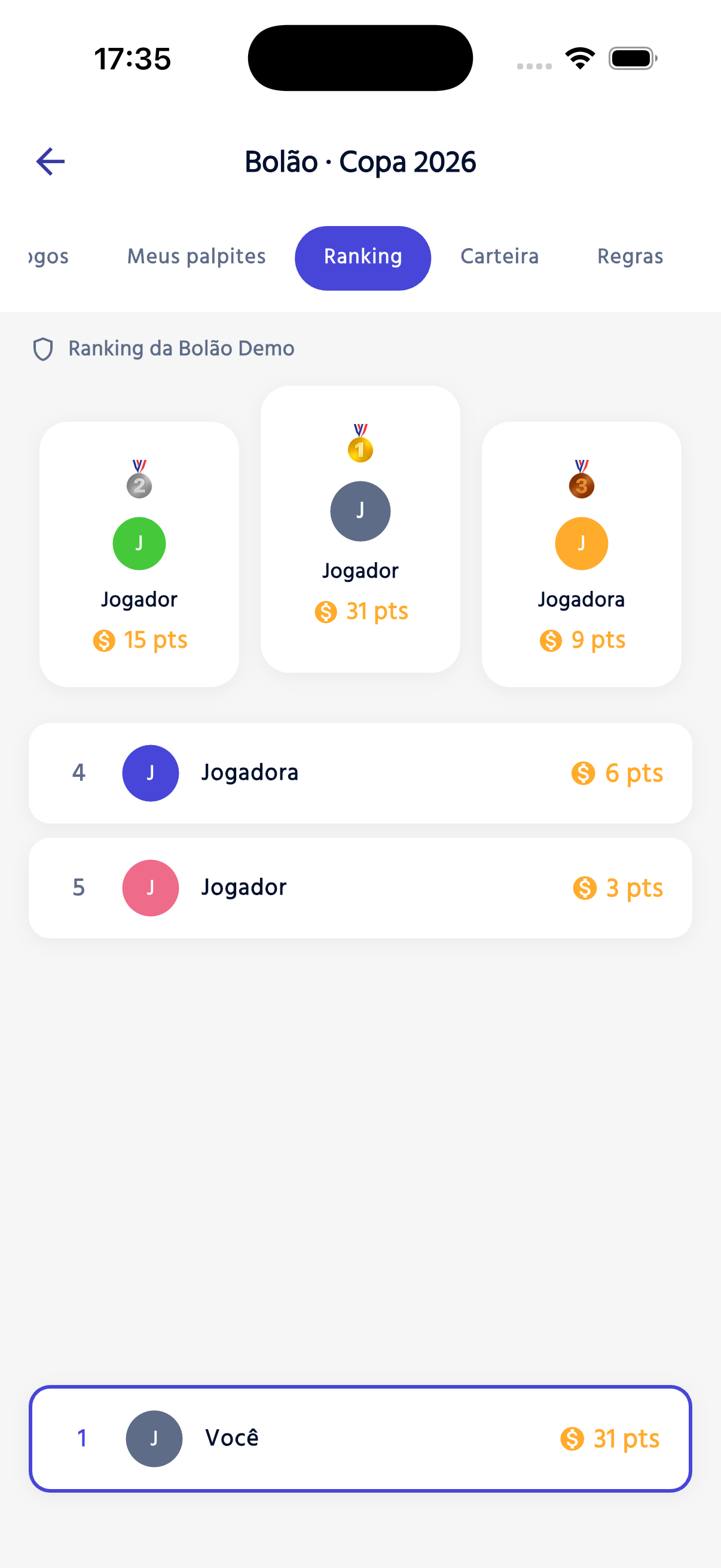 Ranking — sua posição em destaque.