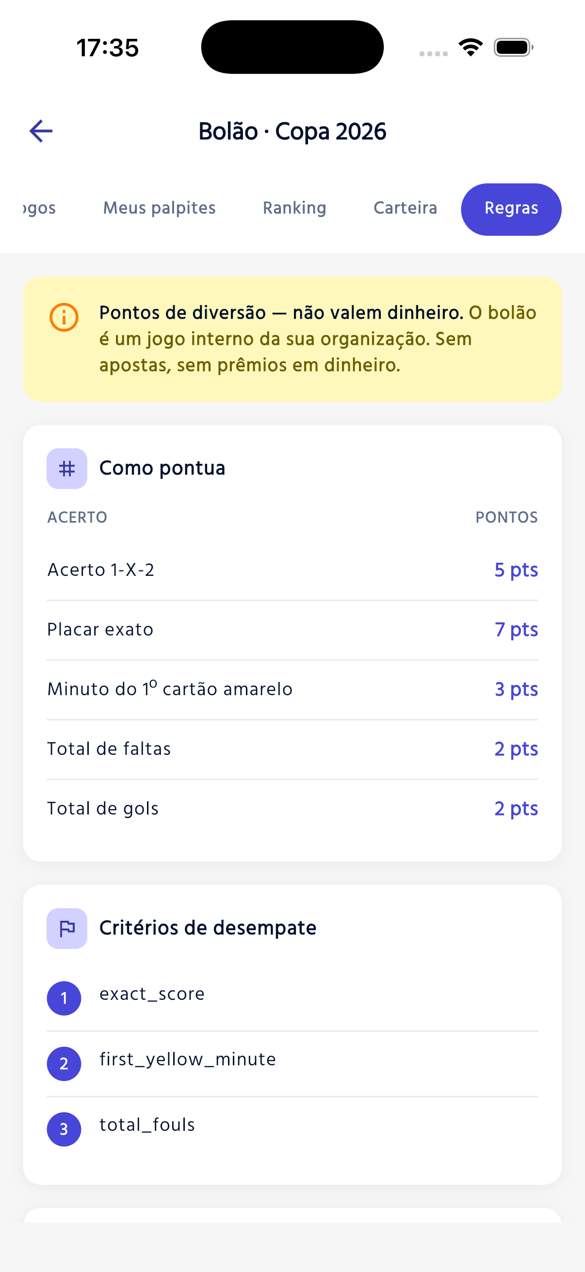 Regras — pontuação, desempates e o aviso anti-aposta.