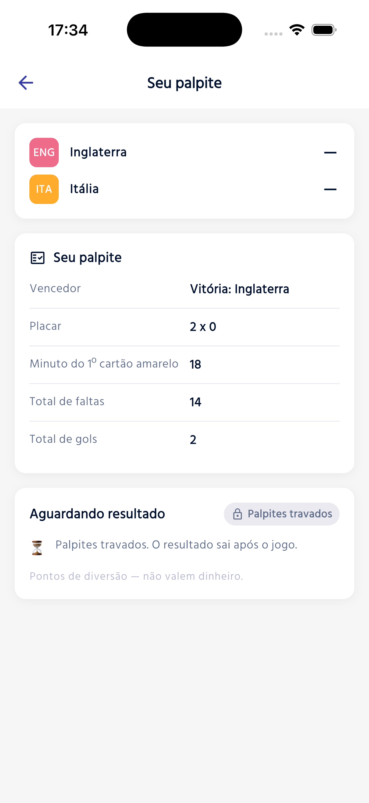 Aguardando resultado — palpite registrado e travado, à espera do apito final.