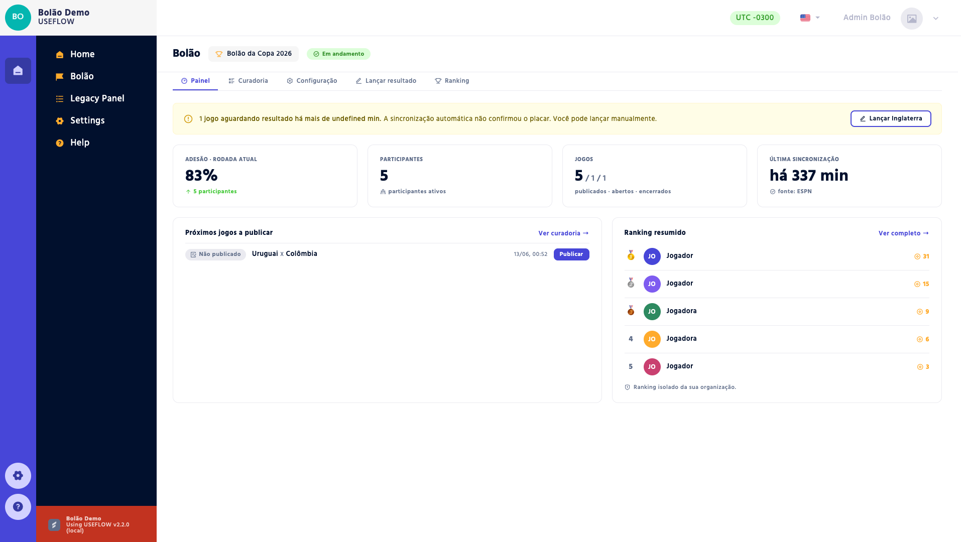 Dashboard do Bolão — visão geral com indicadores, próximos jogos e ranking resumido.