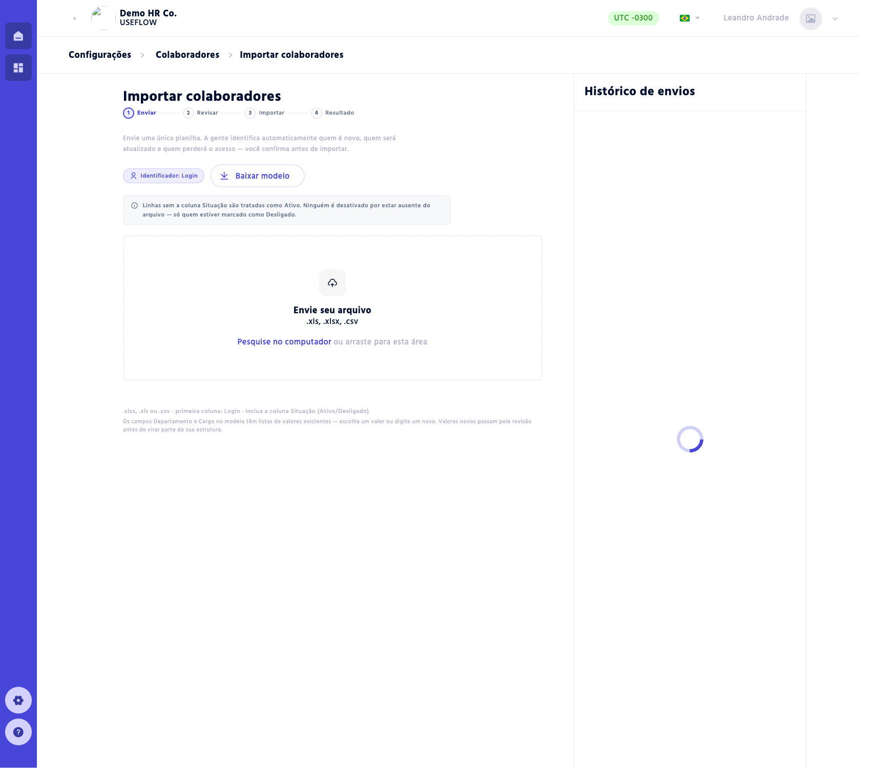 Tela de envio do import de colaboradores