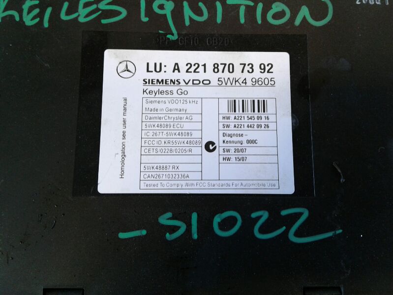 Used 2009 Mercedes-Benz MERCEDES S-CLASS keyless ignition (Keyless Go) - Stock #007487