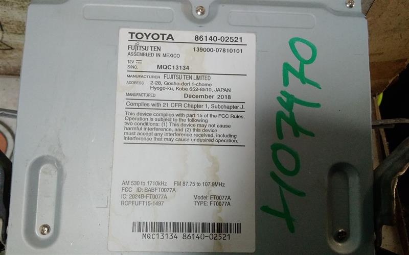 Used 2019 Toyota COROLLA Radio Audio - Stock #H07470