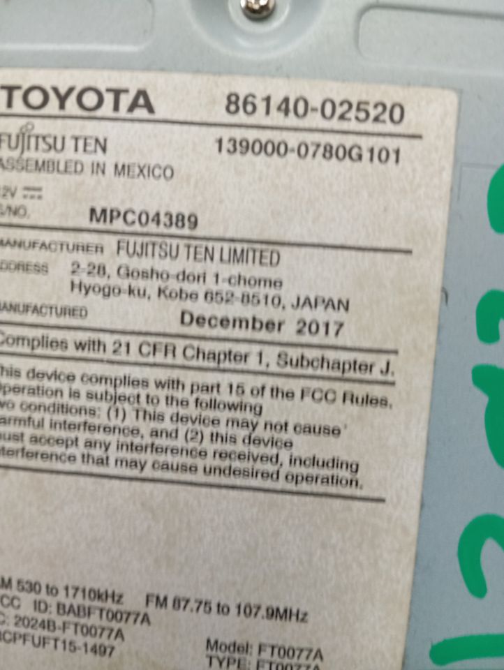 Used 2018 Toyota COROLLA ID 100639 on radio face - Stock #H13932